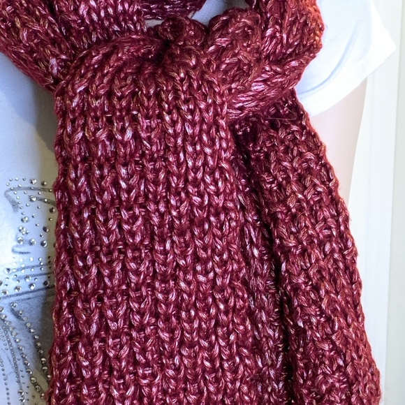 Hand knit Burgundy and Silver Scarf - Picture 3 of 4